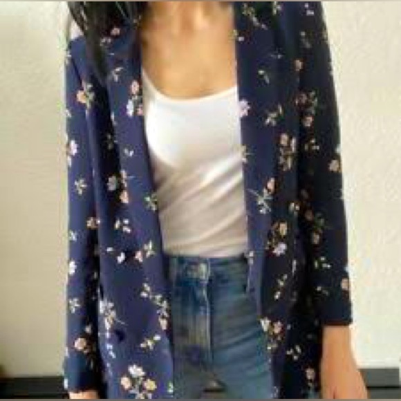 H&M Floral Blazer - Navy Blue with Flowers - Size 4 - Picture 1 of 9